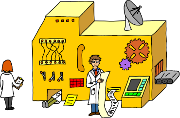 Crazy picture of a scary Finite State Machine with widgets everywhere and lots of scientists tinkering with it or something